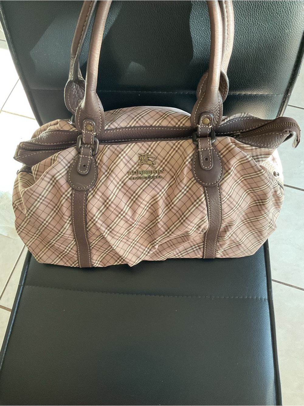 Burberry Pink Plaid Shoulder Bag with Brown Leather Trim